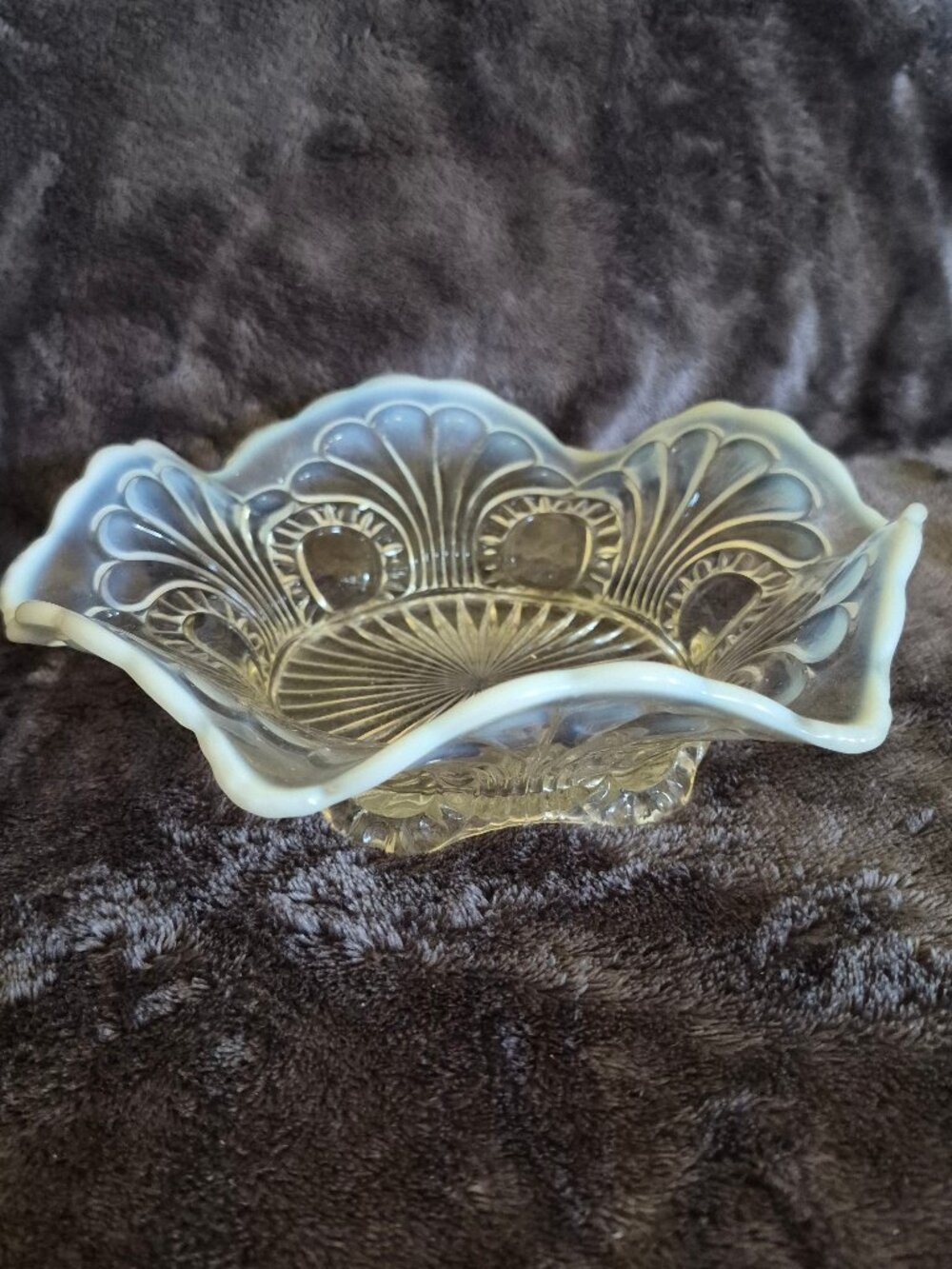 Fenton Opalescent Moonstone Elegant Scalloped Vintage Pressed Glass Bowl